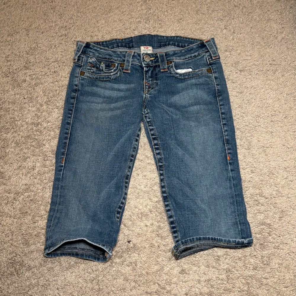 True Religion Billy Section Denim Capris Medium Wash Blue Jeans Womens 29 USA